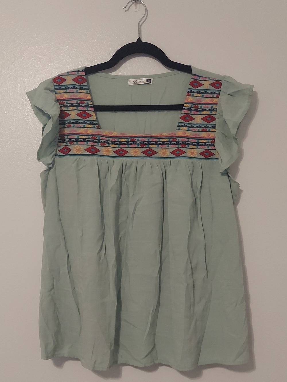 Dorose Women's Mint Green Ruffled Short Sleeve Embroidered Tunic Size S